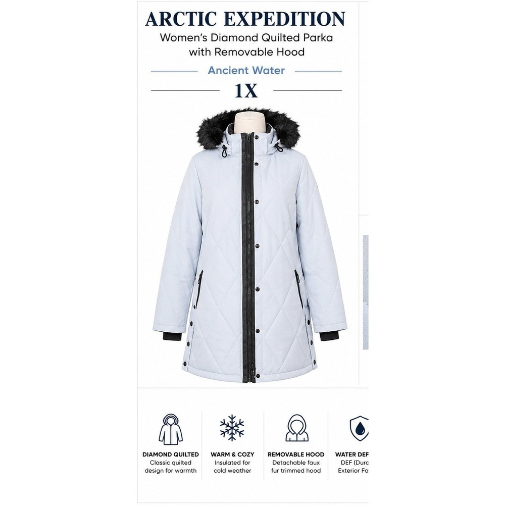 Arctic Expedition Womens 1X Diamond Quilted Parka‎ Removable Hood Ancient Water